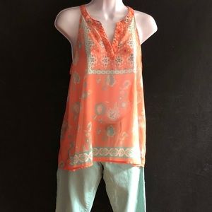 Miss Daisy Sheer Split V-neck Tangerine Floral  Sleeveless Top Size Medium